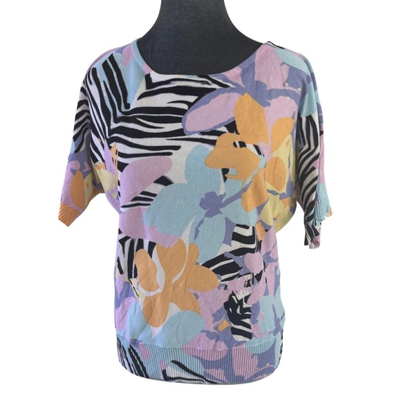 Joseph A. Sweaters - Joseph A. Whimsical Maximalist Artsy Floral Zebra Print Knit Top Short Sleeve L